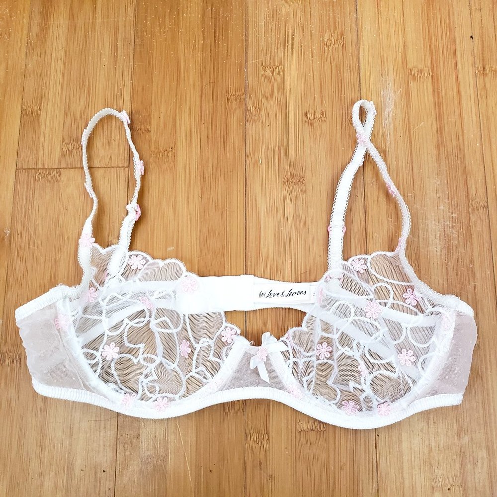 For Love and Lemons White Mesh Pink Floral Bra Size Medium EUC